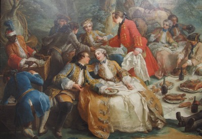 King Louis XV with three of the four Nesle Sisters he had an affair with. He is talking to Pauline Nesle, her sisters Diana and Louise are watching the couple closely! By Charles André van Loo