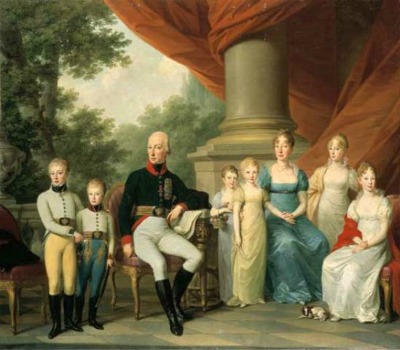A formal group portrait arranged around a central figure, Emperor Francis II, depicting the Austrian imperial family around 1805.