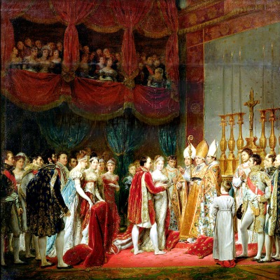 A historical painting capturing the wedding ceremony of Napoleon I and Archduchess Marie Louise of Austria within the transformed Salon Carré at the Louvre Palace on April 2nd, 1810.